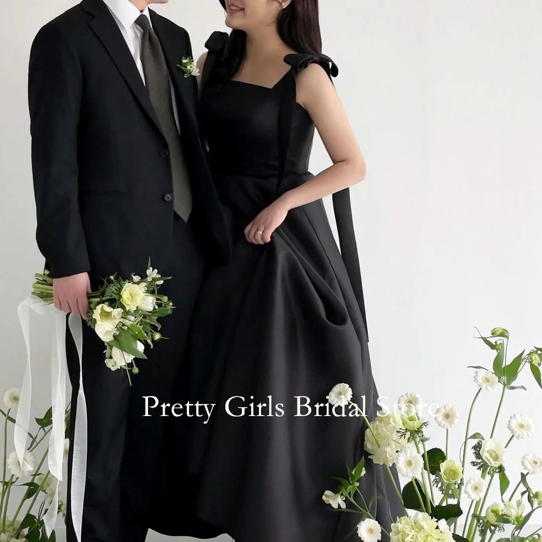 

OEING Spaghetti Straps Korea Sleeveless Evening Dresses Satin Black Formal 프롬드레스 Simple Corset Prom Growns Party Women Bride