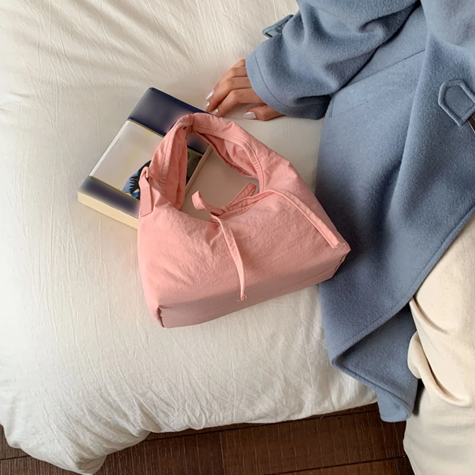 Women Nylon Bow Hobo Handbag W/ Adjustable Shoulder Strap Top Handle Bag for Travel Shopping Daily Use