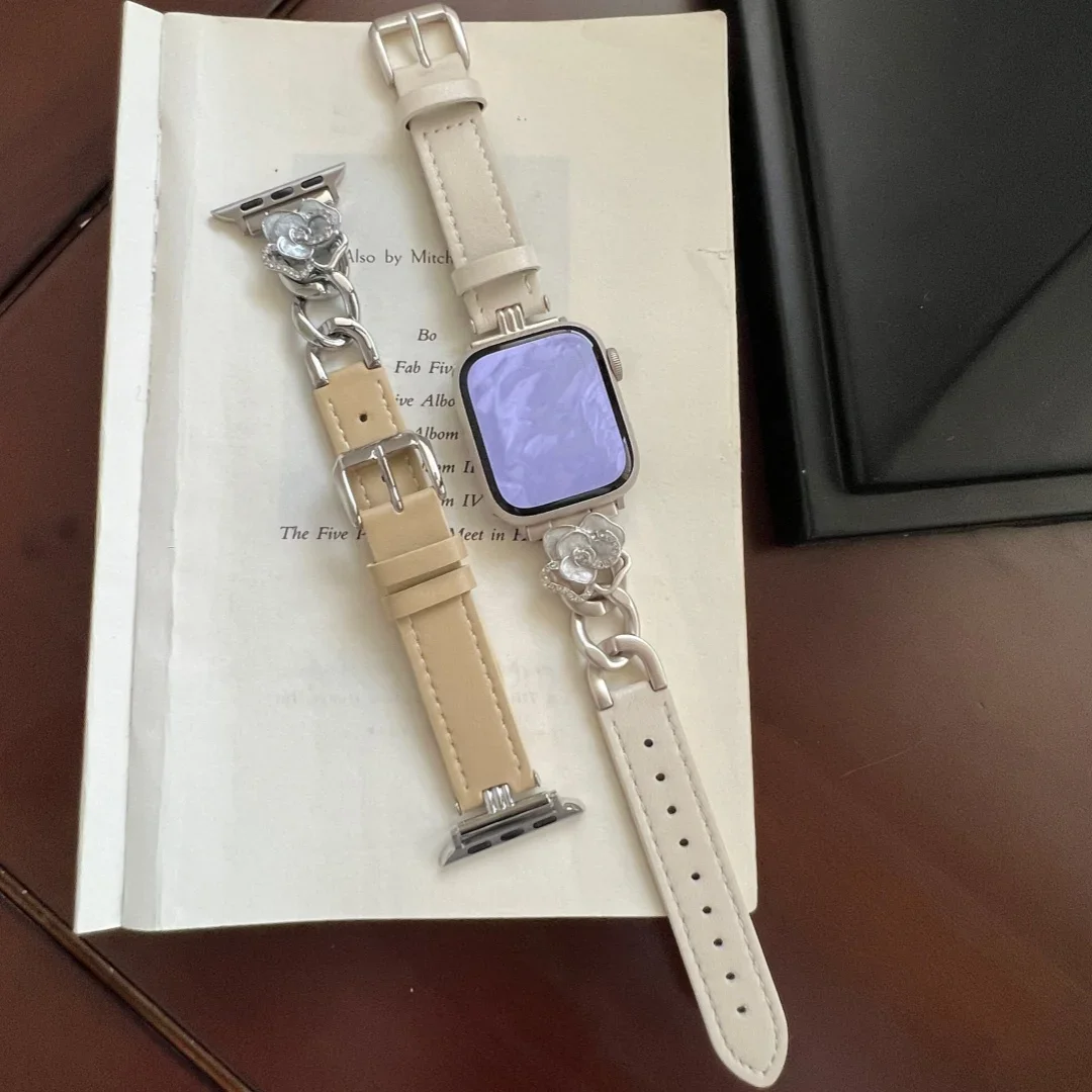 For Apple watch ultra21ses987654321 series 4144 45 49mm strap Metal flowers Calf leather decoration with black soft leather band