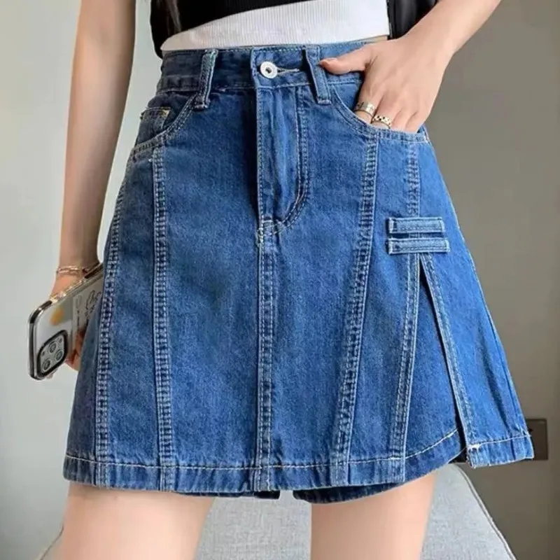 

Shorts Fake Two Pieces Lining Jeans Skirts Blue Pantskirts Fashion High Waist Denim Culottes Women's Summer Design Baggy Jean