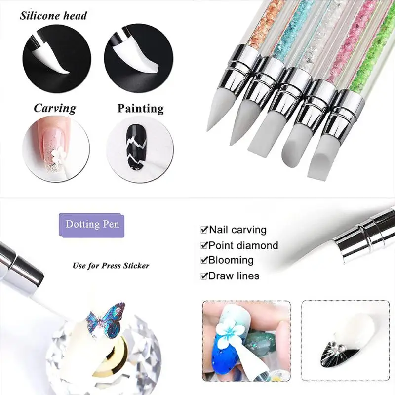 Double Head Nail Art Silicone Sculpture Pen 3D Carving Emboss Glitter Powder Manicure Shaping Silicone Brushes Nail Art Tool 2