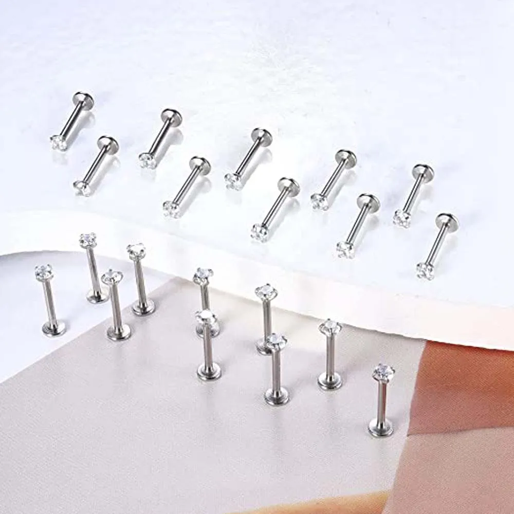 10 Pcs/Lot 16G Stainless Steel Labret Lip Piercing Set CZ Crystal Cartilage Tragus Helix Conch Piercings Jewelry 6/8/10/12MM JKC