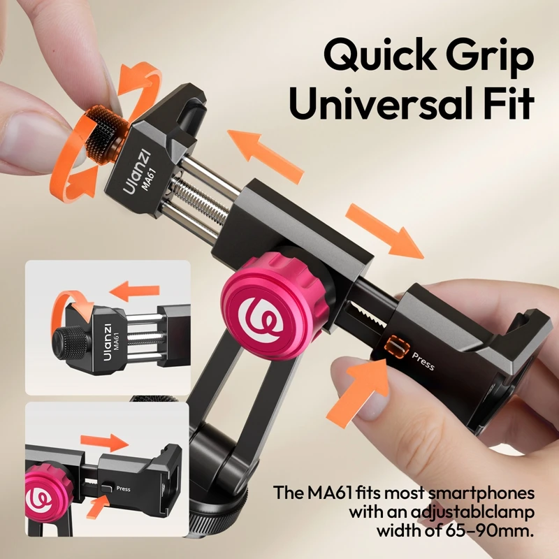 Ulanzi MA51 QuickClip Phone Clamp / MA61 QuickClip Phone Clamp with Cold Shoe Mount for Camera Phone Light Vlog Shots Livestream