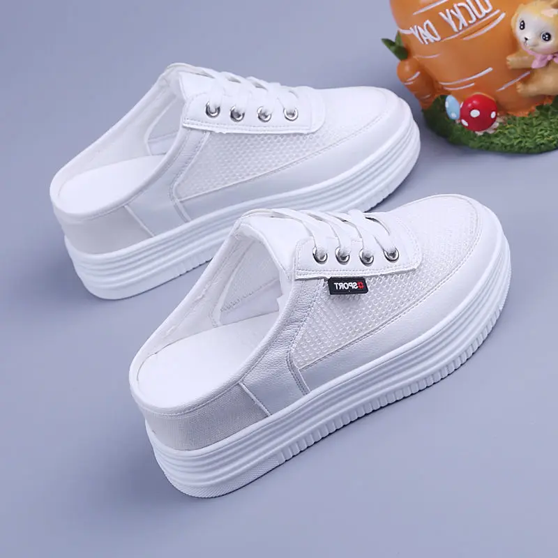 Women Half Slippers Mesh Surface Hollowed Summer Versatile Student Bones Outdoor Breathable Closed Toe Mesh Casual Shoes White