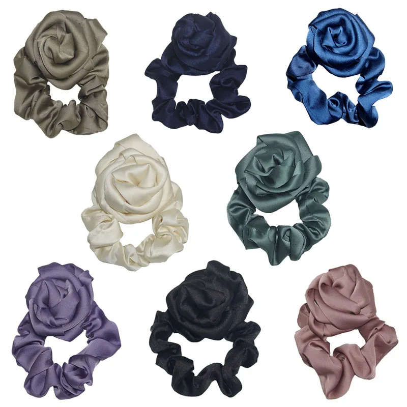 Women Big Rose Flower Satin Hair Scrunchie Hair Tie Rope Hair Rubber Bands  Fashion Elastic Hair Accessories