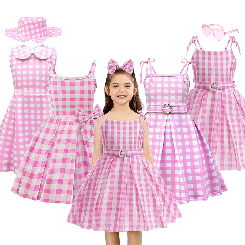 

Barbi New Movie Costume for Girls Pink Plaid Margot Robbie Cosplay Kid Princess Dress Birthday Halloween Carnival Party Vestidos