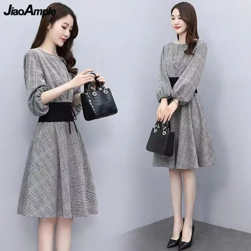

2023 Autumn Women New Chic Palid Midi Dress Korean Lady Graceful O-Neck Slim Long Sleeve Dresses French Work Clothing Female