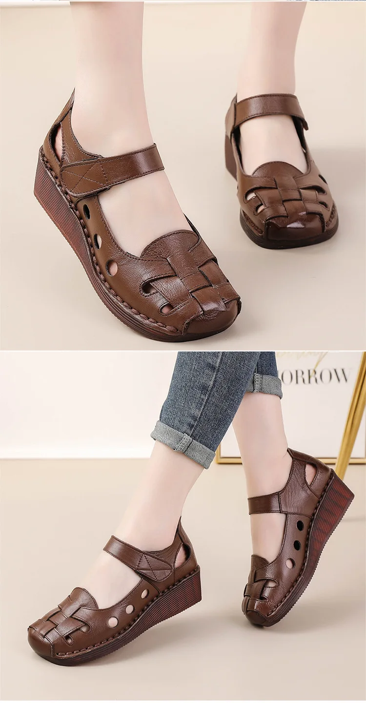 Hübsche orthopädische Sandalen für Damen aus Rindsleder, Mary Jane Schuhe, Damen Keilabsatz-Sandalen, orthopädische geschlossene Zehensandalen für Frauen. – Detail 14
