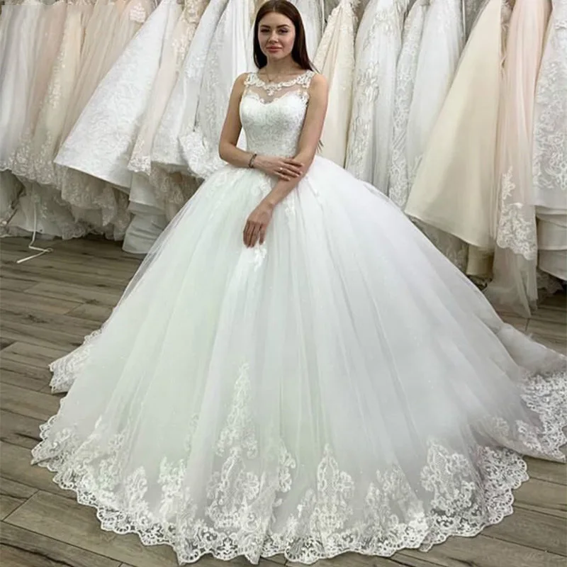 

Fansmile Sleeveless Vestido De Noiva Vintage Lace Ball Gown Wedding Dresses 2023 Train Plus Size Bridal Tulle Mariage FSM-321T