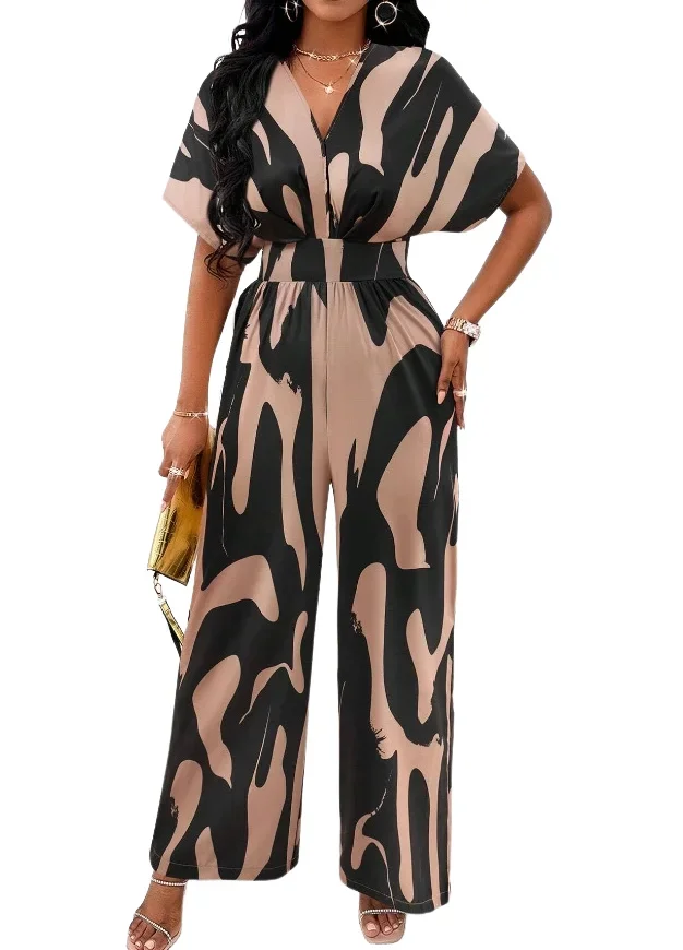 

Женские Длинные Комбинезоны, элегантный пикантный полный комбинезон с принтом и рукавом летучая мышь и широкими штанинами, Новый Модный повседневный цельный комбинезон