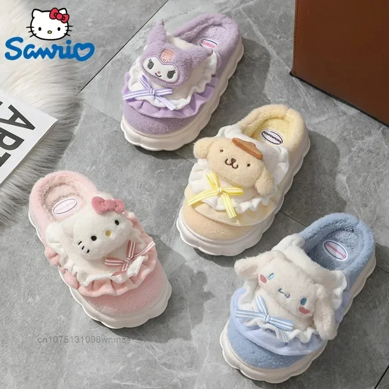 

Sanrio, Hello Kitty Cinnamoroll Kuromi Pom Purin Melody хлопковые пушистые тапочки женские зимние Бархатные теплые домашние тапочки Милая обувь