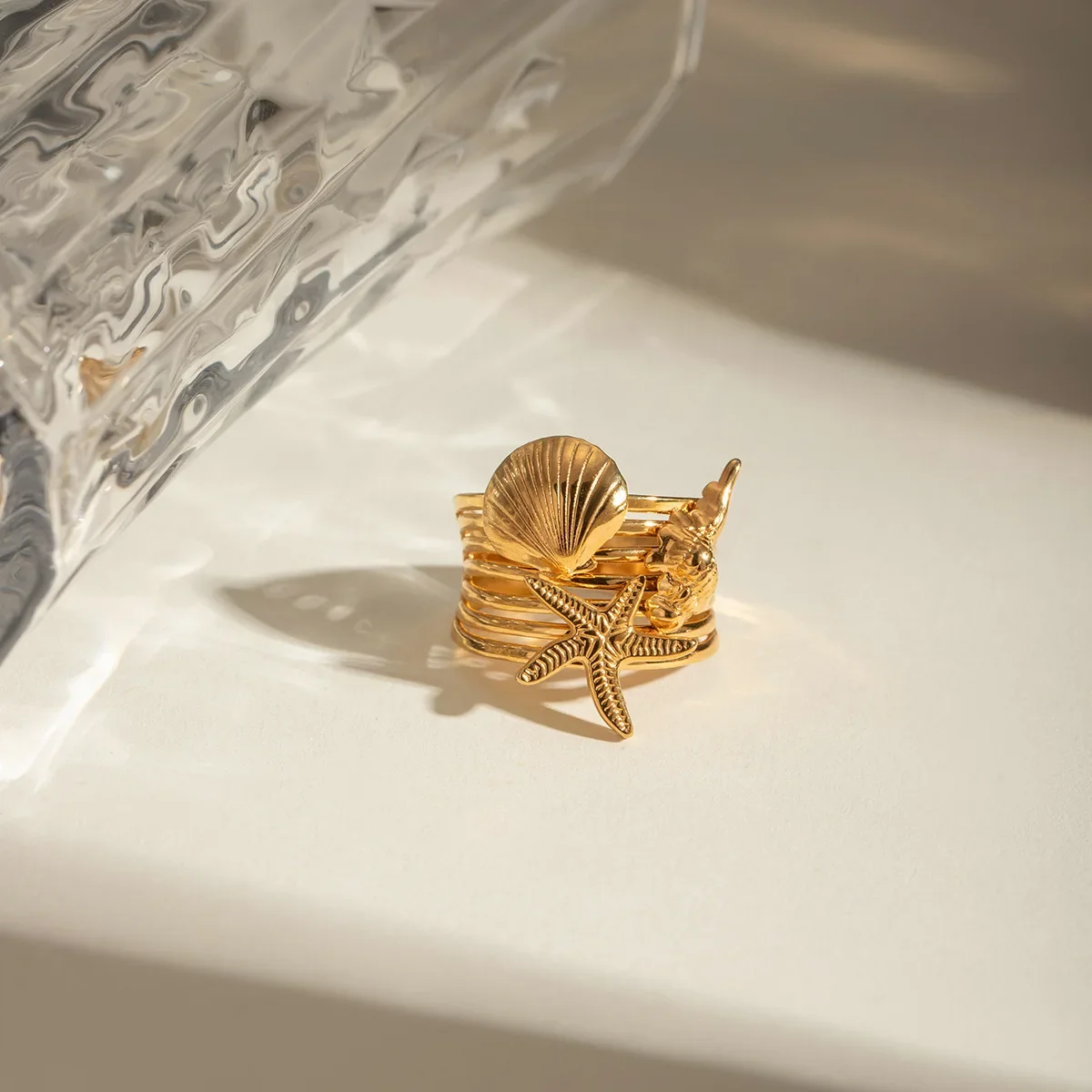 Hot Sale New Ribbed Sea Snail Seashells Rings Open Adjustable Multilayer Metal Scallop Shell Starfish Conch Ocean Charm Jewelry