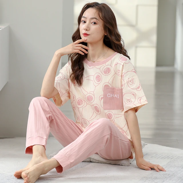 Summer Women Casual Homewear Clothes Comfortable Pajamas Suits 2 Piece  Outfit Loose Short Sleeve Tops + Short Pants