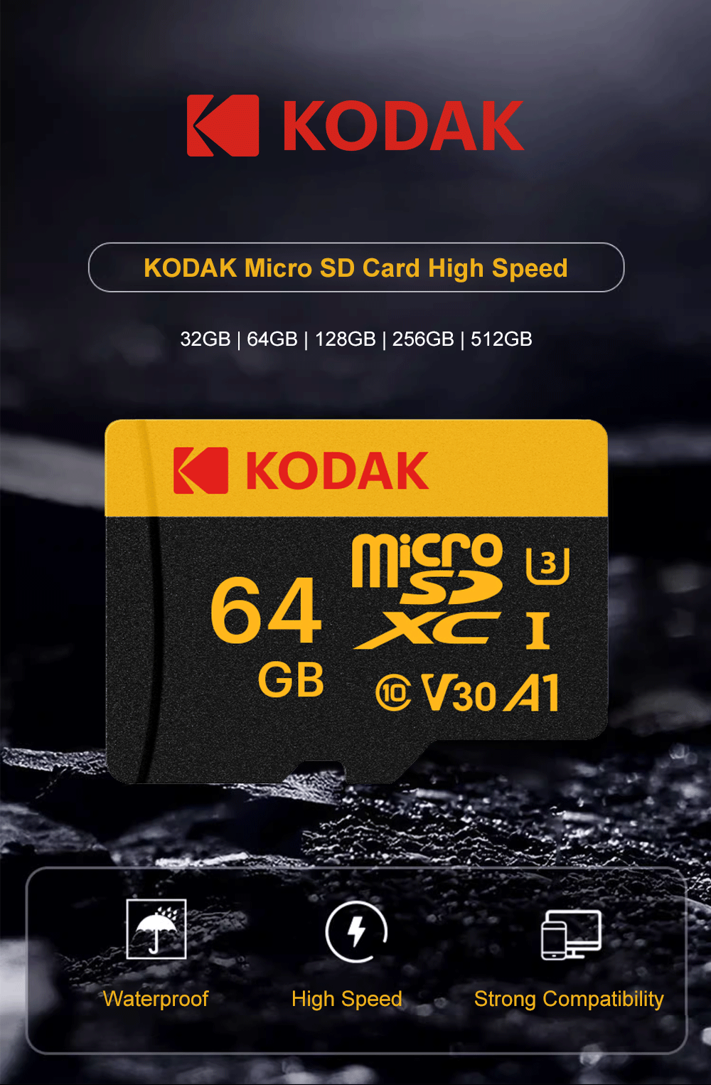 KODAK Micro SD-Karte Speicherkarte BIS ZU 100MB/s C10 U3 32GB 64GB 128GB 256GB TF-Karte 4K HD Für USB-Kartenleser-Adapter Microsd – Detail 1