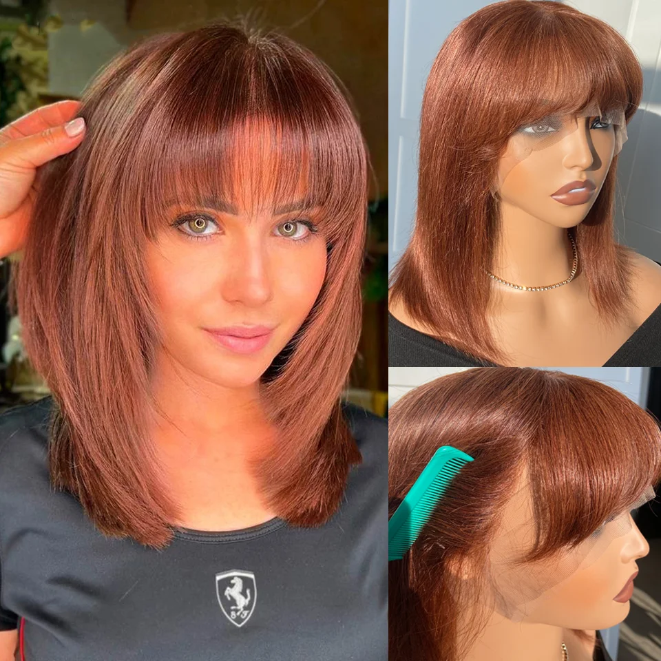 

Short Straight Bob Lace Front Wig With Bangs Peruvian Human Hair Bob Wigs For Women Brazilian Remy Hair Brown Color Lace Bob Wig