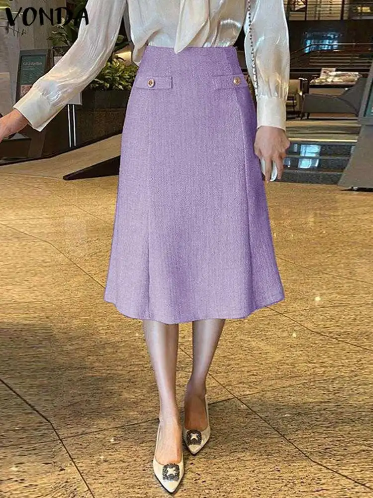 

VONDA Women Elegant Skirts 2023 Summer High Waist Ruffled A-Line Skirt Ladies Casual Loose Solid Color Midi Skirt Streetwear