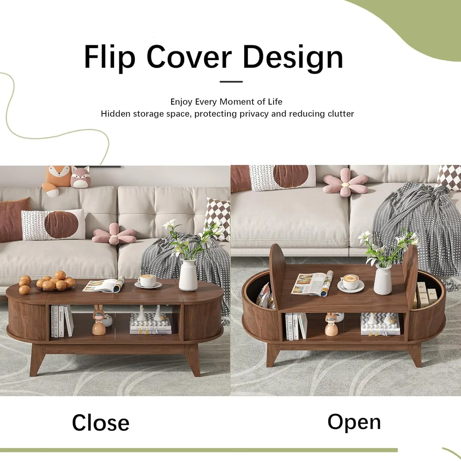 Coffee Table with Storage,Mid Century Modern Coffee Tables with 2 Flip-Top Hidden Lids,Fluted Coffee Table,Wood Center Tables