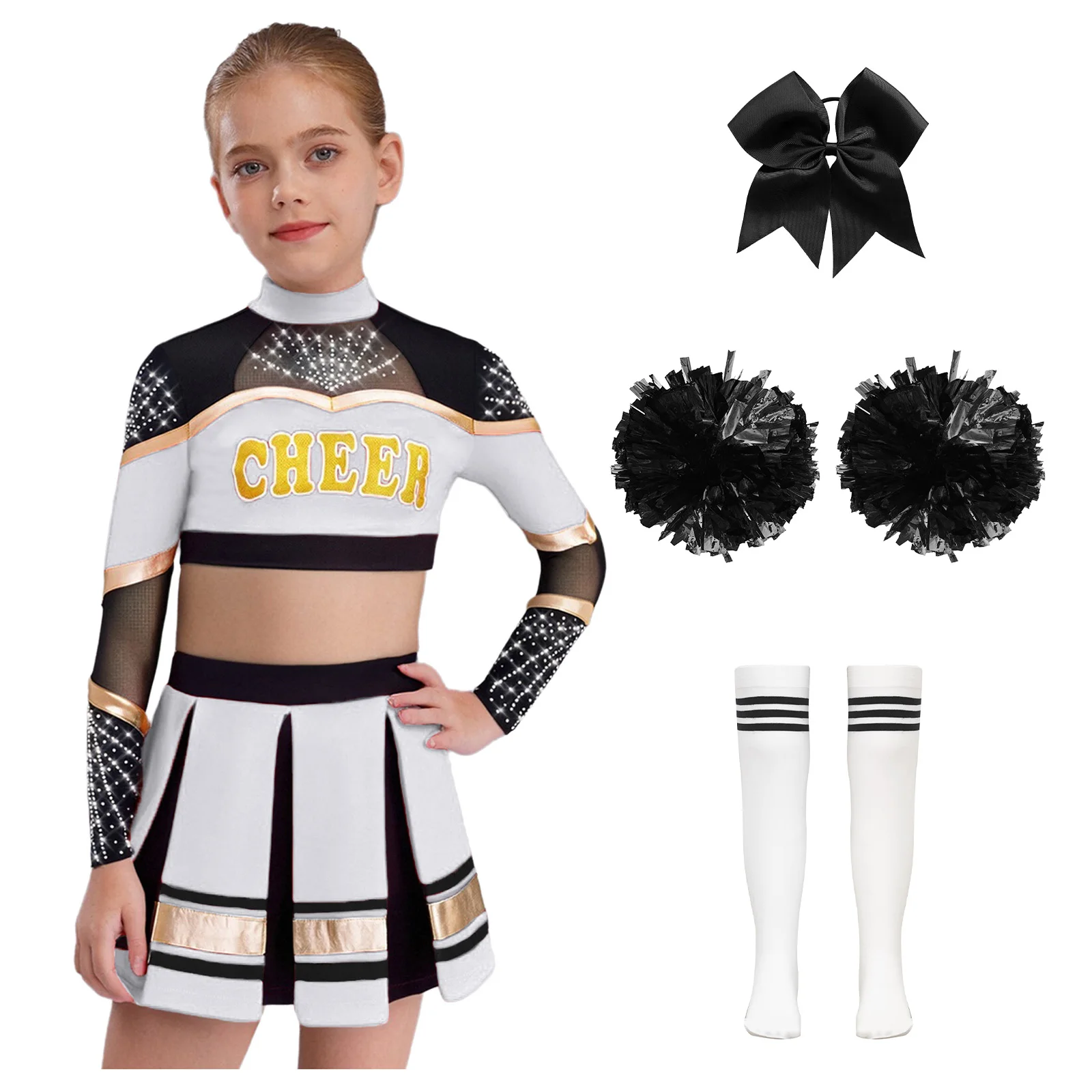 Kids Girls Cheerleader Costume Cheerleading Uniform Dance Outfits Long Sleeve Sheer Mesh Rhinestones Crop Top with Pleated Skirt