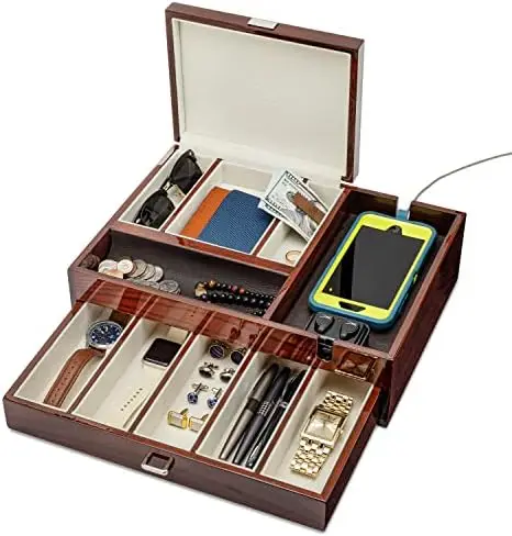 

Watch Box Leather Valet Tray - Bedside Table Organizer, Men's Jewelry Box, Watch Case for Men with Large Smartphone Charging Lip