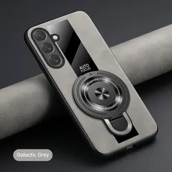 Luxury Magnetic Ring Holder Case - Premium Silicone & Sheepskin Leather Shockproof Cover with Plexiglass - Galaxy S25 FE (Gray)