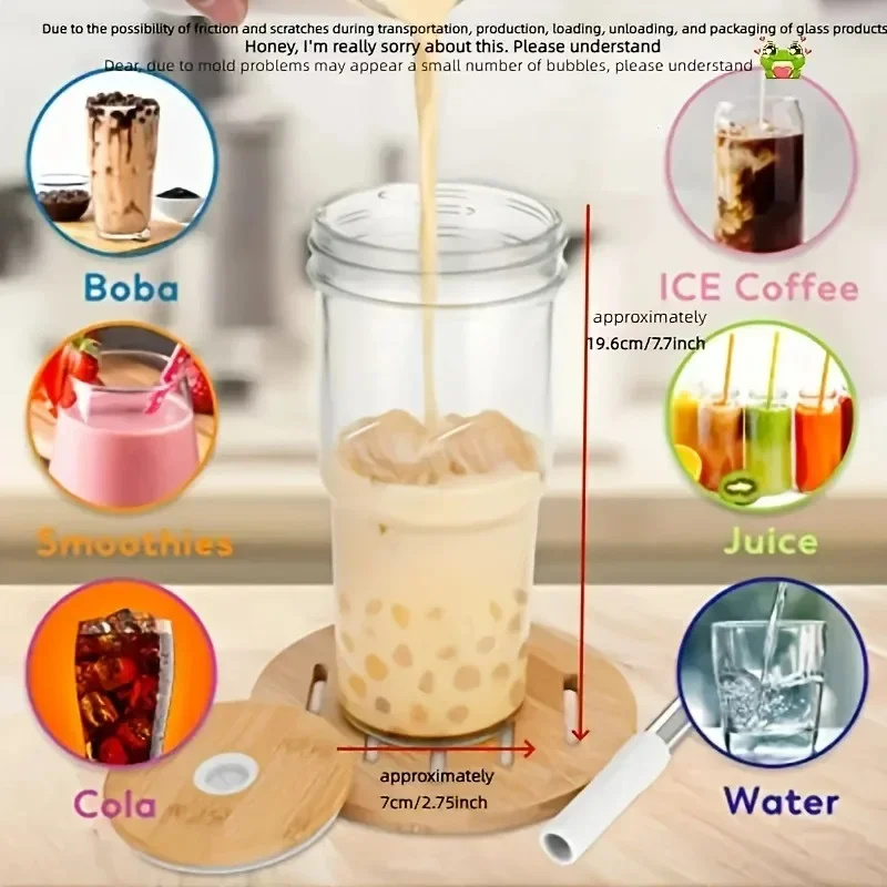 Description Picture 3 of item24OZ Glass Cup With Wooden Lid Straw Transparent Pearl Milk Juice Milk Thickened Glass Cup Breakfast Cup Drinkware Coffee Mug