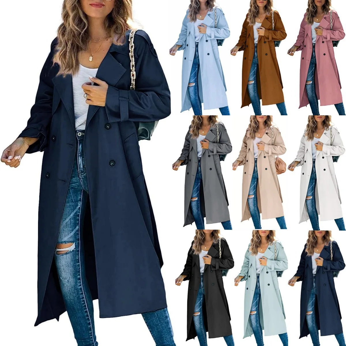 

Women's autumn and winter trench coat jacket fashion foreign jacket with button lapel belt fashion trench coat