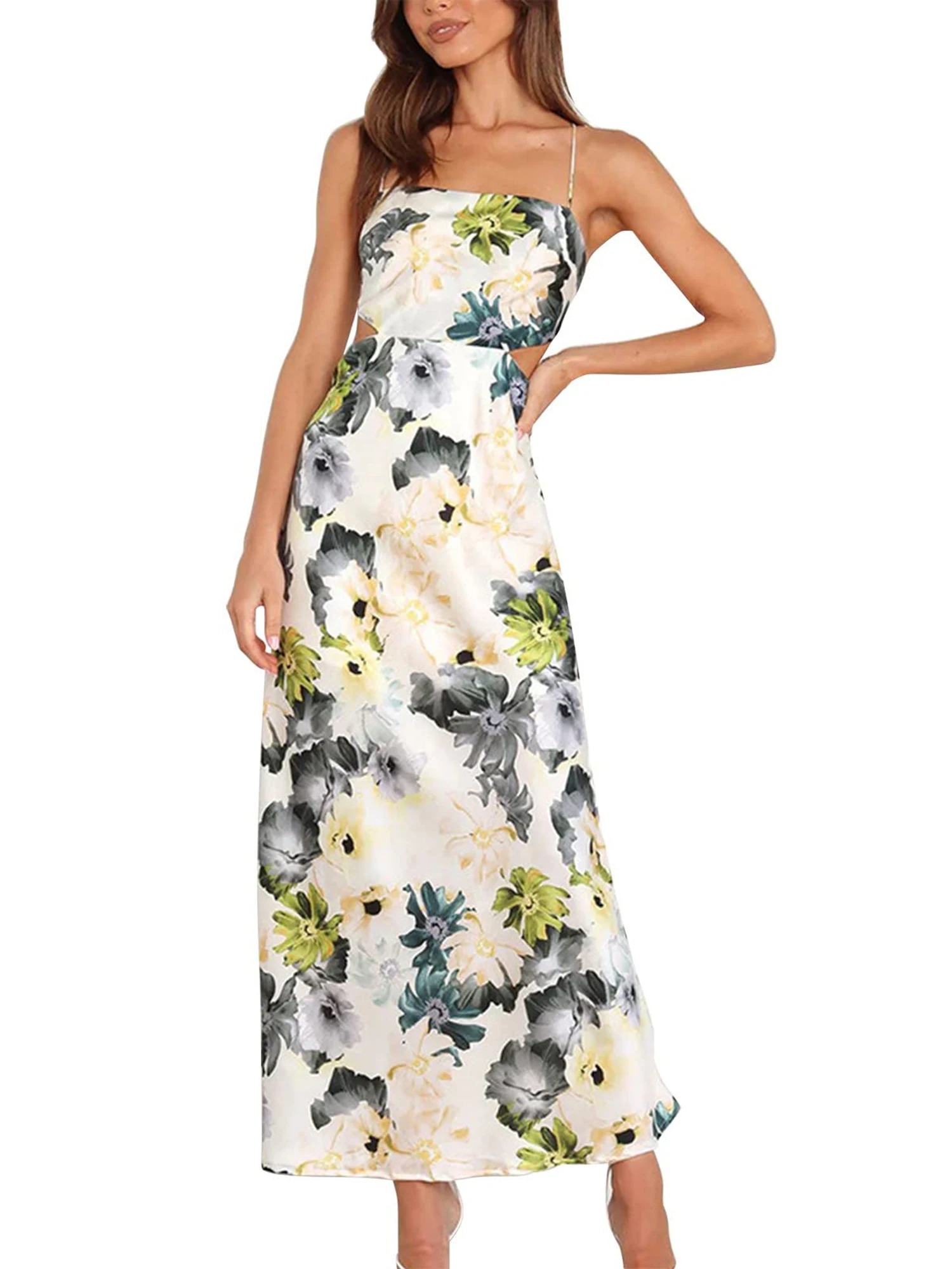 

Women s Elegant Floral Print Sleeveless Maxi Dress with Sexy Cutout Back and Slim Fit Bodycon Silhouette - Perfect for