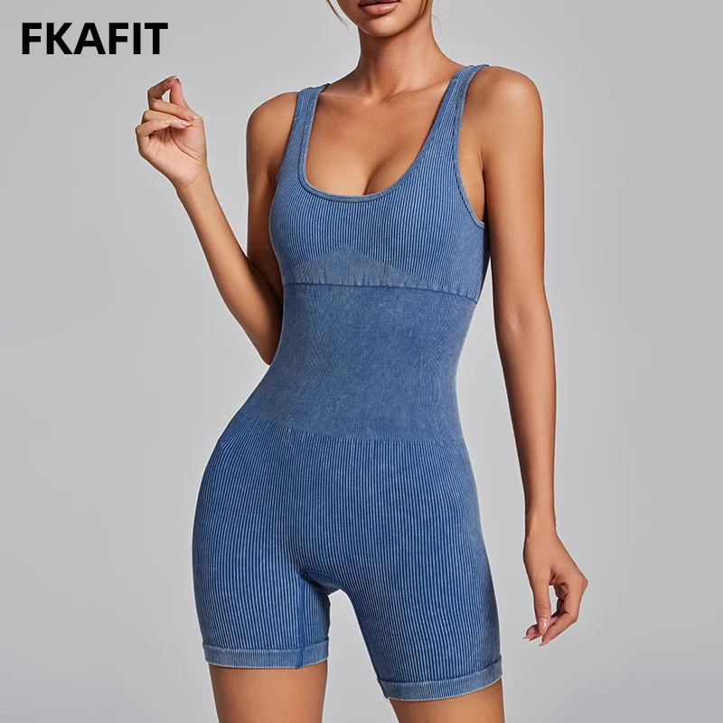 Tute Da Yoga Da Donna A Coste Canotte Imbottite Di Un Pezzo Pagliaccetti Senza Maniche Lavaggio Acido Activewear Unitard Sexy Aderente