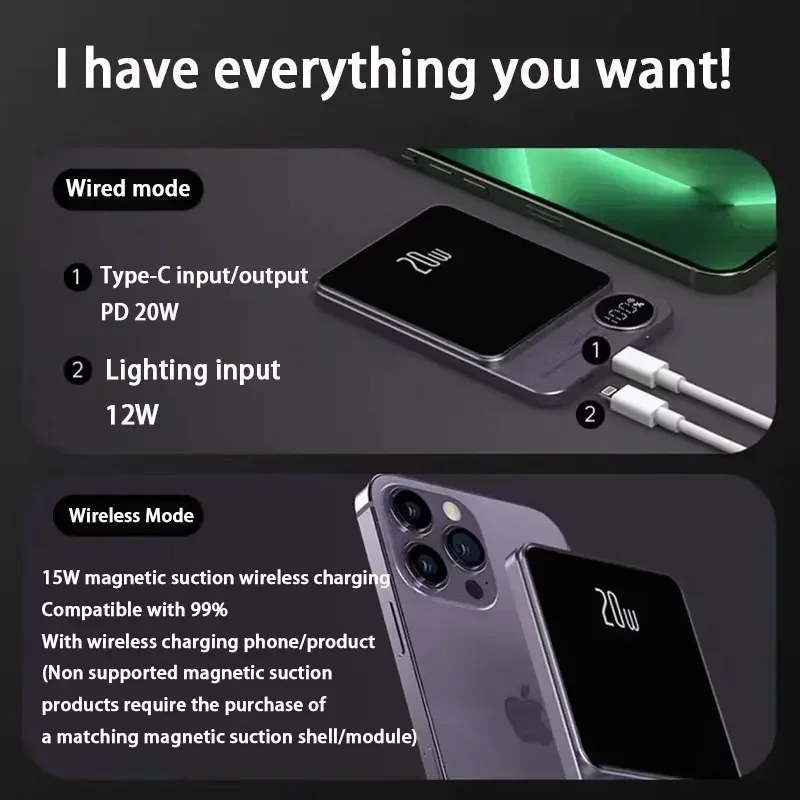 50000mAh Magnetic Wireless Power Bank 5000mAh Portable PD 20W Fast Charging External Battery for iPhone 14 13 Samsung Powerbank