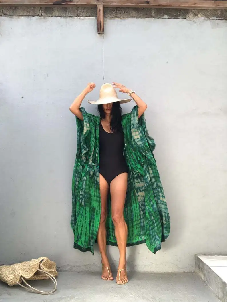 Beach Over Blouse Summer 2022 Bikini Cover-ups 100% Cotton Long Dress Retro Striped Beach Wear Self Belted Swim Suit Cover Up