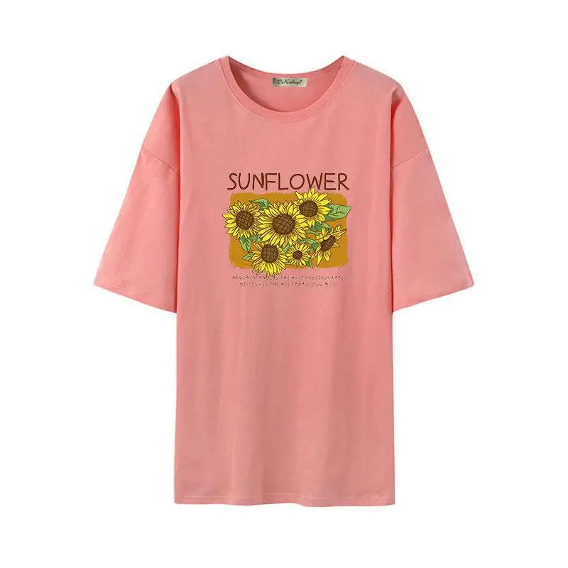 

Fashion Summer Country Style Women T Shirt Printed Harajuku Blooming Sunflowers Lady Tees Cotton Short Sleeves Pink Tops Female