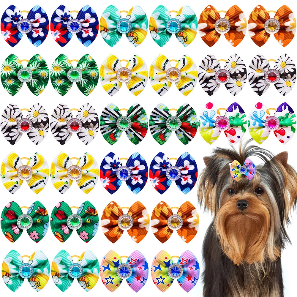 

100pcs Pet Bow Decoration Summer Flowers Hand-made Dog Hair Rubber Bands Bows for Cute Dog Cats Pets Accessories Pet Supplier