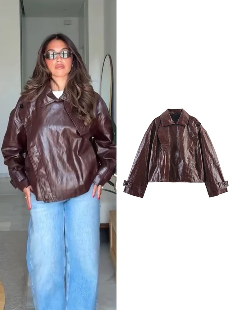 2025 Autumn Women's Leather Jackets Short Coat Fashion PU Solid Color Lapel Outerwear Casual Long Sleeves Loose Lady Tops