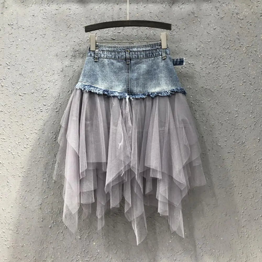 Women Skirt High Waist Denim Skirt Stylish High Waist Denim Mesh Yarn A-line Skirt for Women Irregular Hem Design Versatile Work 1