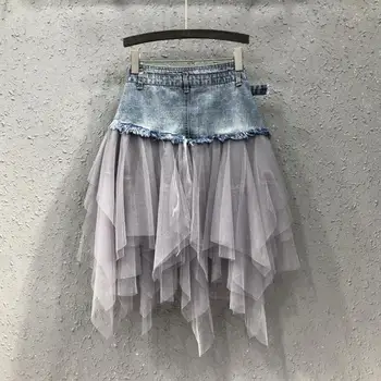 Women Skirt High Waist Denim Skirt Stylish High Waist Denim Mesh Yarn A-line Skirt for Women Irregular Hem Design Versatile Work