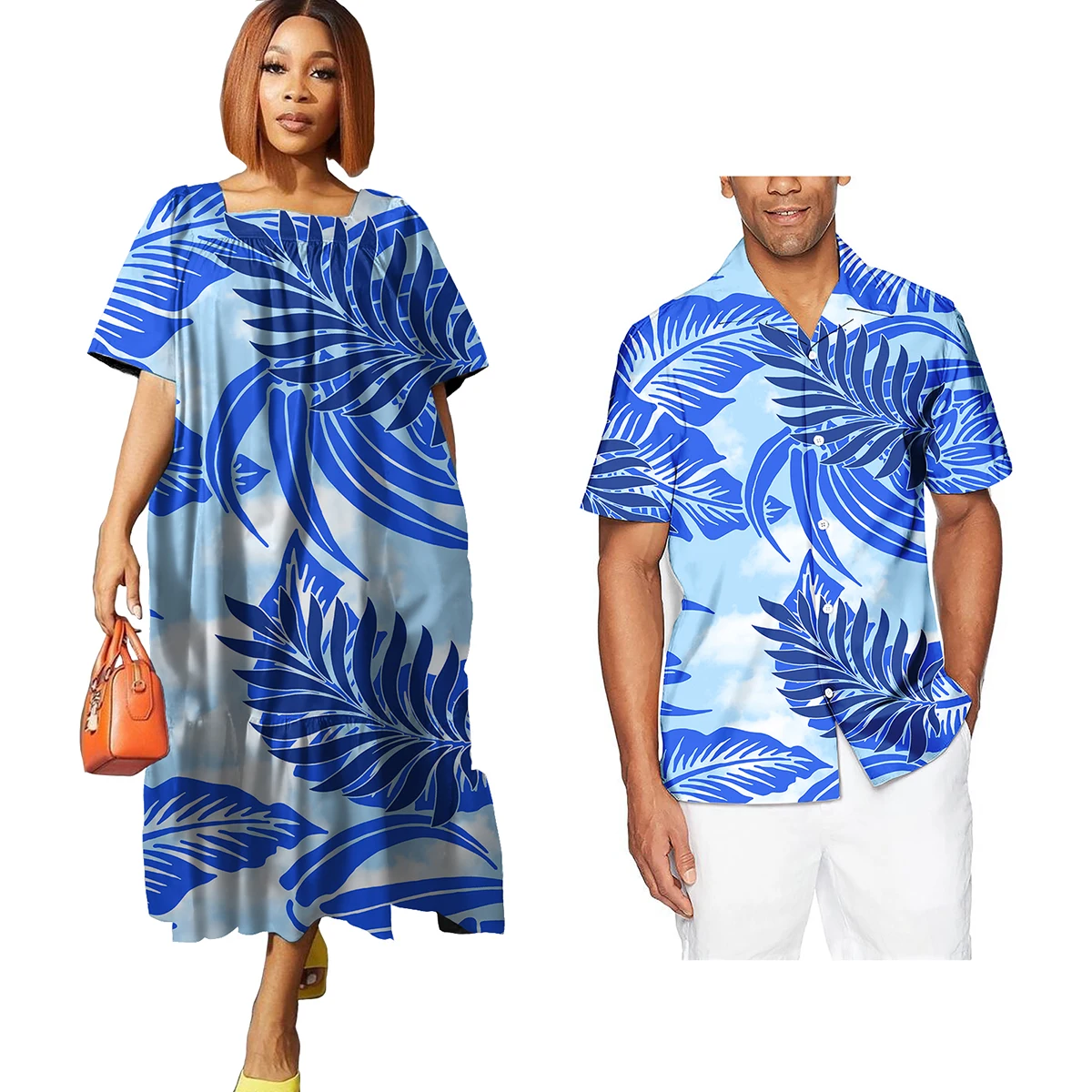 Polynesian Tribal Couple Matching Outfits 2pcs Samoan Puletasi Tapa Flower Pattern Party Dresses Sexy Women Cocktail Dress