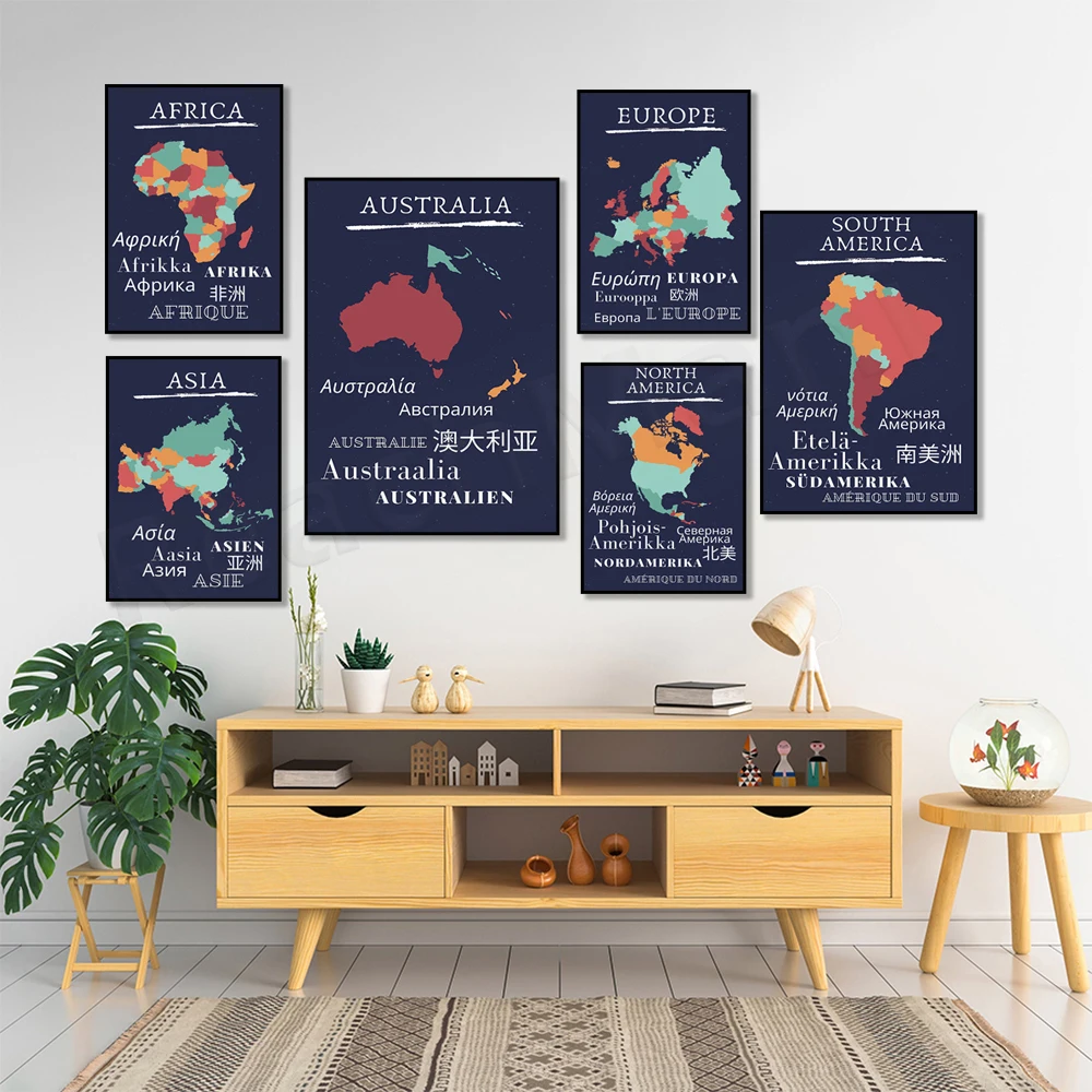 Sud America, Nord America, Europa, Australia, Asia, Africa, Mappa Dei Continenti Poster, Lingue, Regali Decorativi,