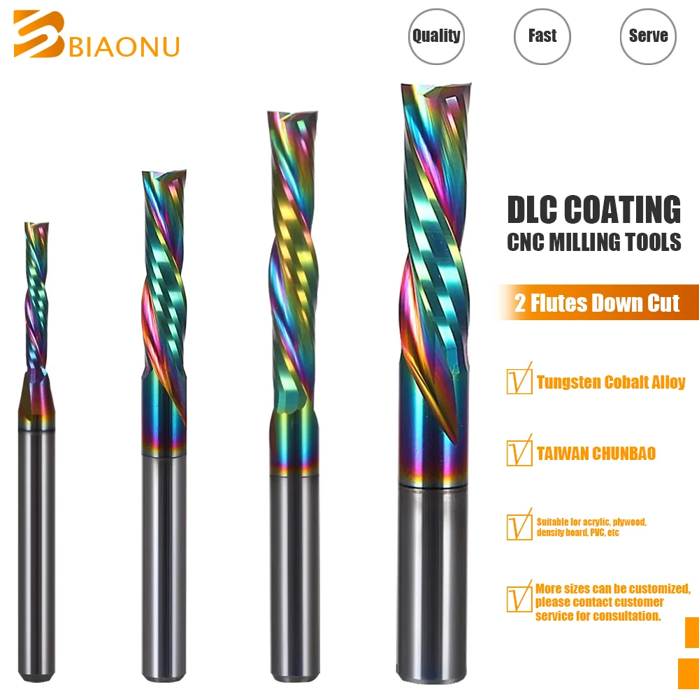 

Biaonu 1pc 3.175/4/5/6mm 2 Flutes Down Cut Spiral End Mill DLC Coated Carbide Wood Tools Engraving Router Bit CNC Milling Cutter