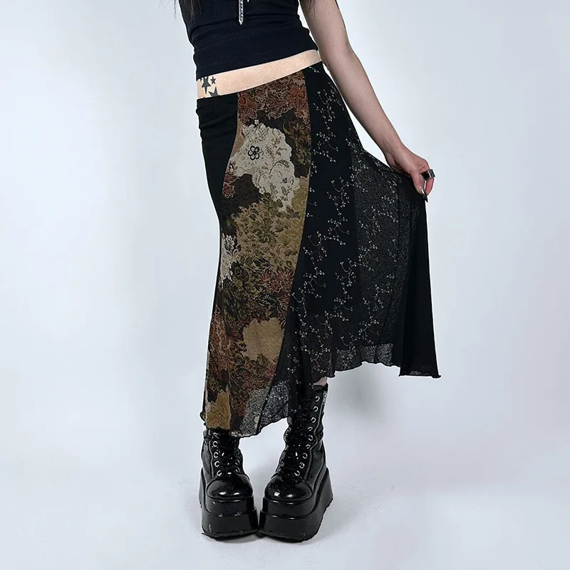 

Goth Dark Goblincore Fairy Grunge Aesthetic Skirts Y2k Low Waist A-line Women Midi Skirt Vintage Gothic Lace Splice Long Bottoms