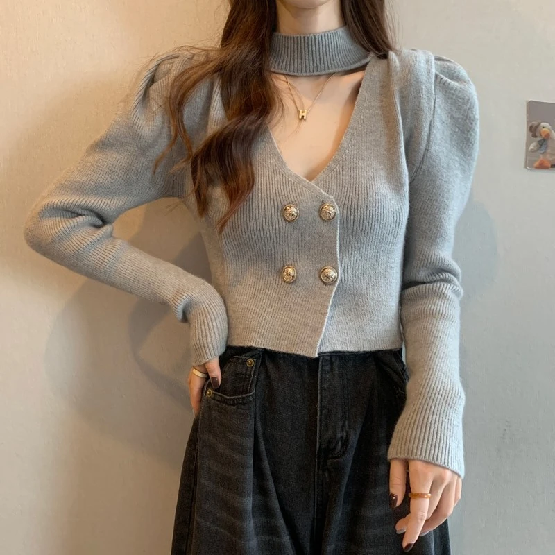 Cropped Cardigan Women Formal V-neck Puff Sleeve Temperament Halter Autumn Winter Popular Chic French Style Elegant Advanced 2
