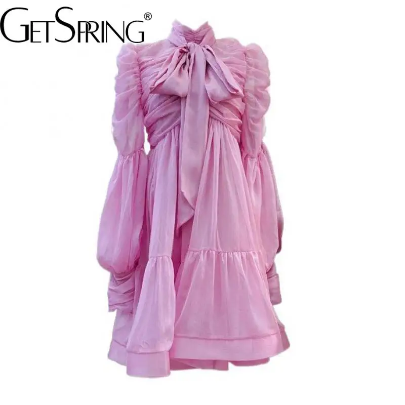 

Getspring Women Dress Lantern Sleeve Bow Bandages Pink Apricot Vintage Dresses Long Sleeves Turtleneck Long Sexy Dresses 2024