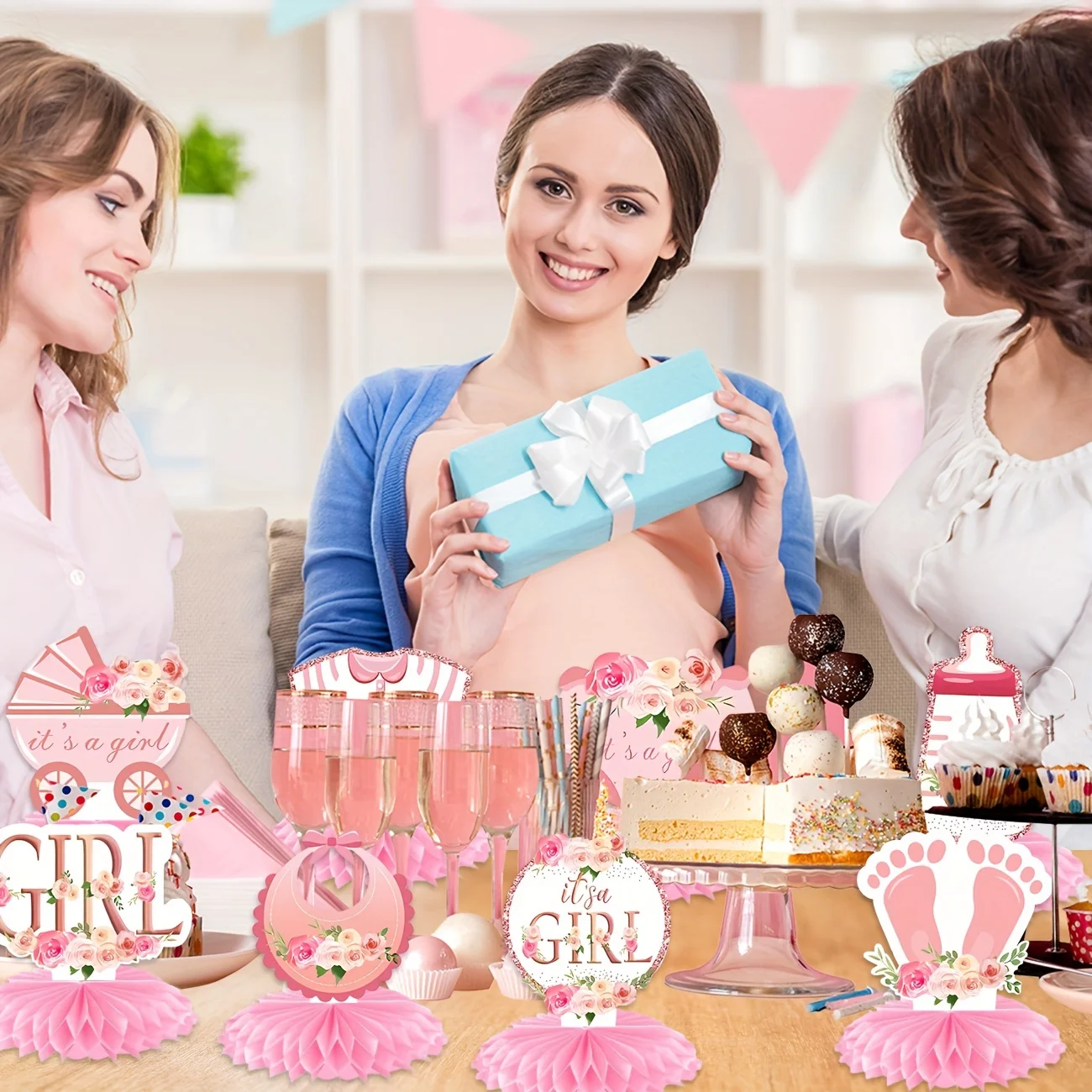 8Pcs Pink Rose Gold Baby Shower Decorations Honeycomb Centerpieces For Girls Floral It's a Girl Gender Reveal Table