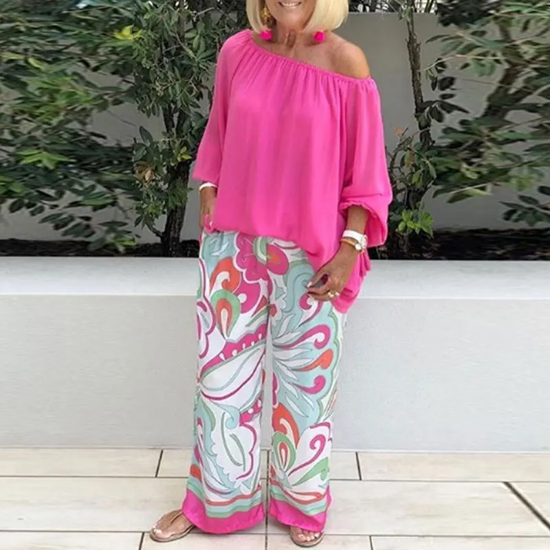 Spring summer Casual 2-piece Suit Set Women\'s Sexy Off-shoulder Shirt Blouse Top + Printed Wide-leg Pants Two-piece Suit 2024