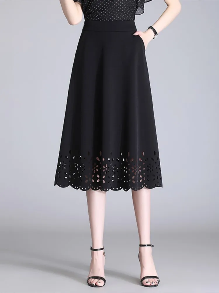 

Hollow Design Fashion Skirt For Women Spring Autumn Elastic Waist New MIDI Skirt Slimming Temperament A -Line Skirt