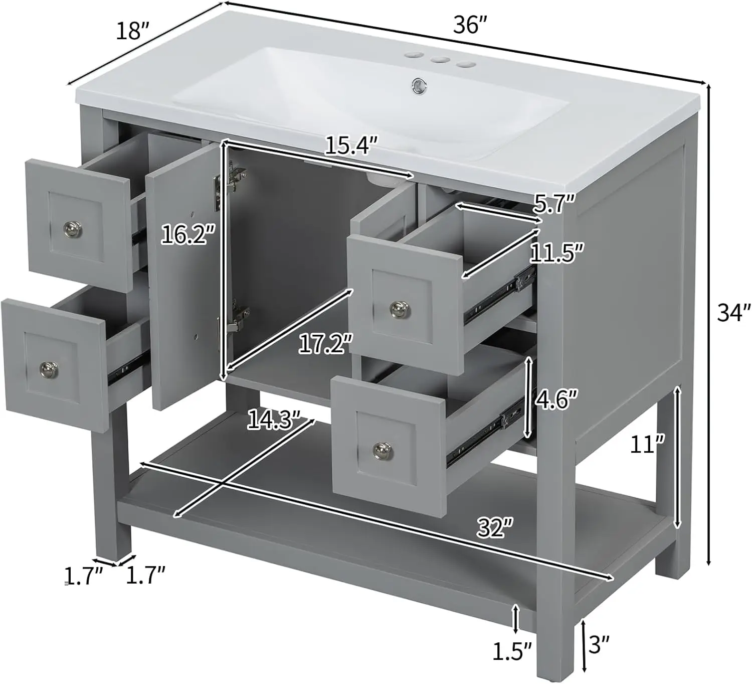 36 in Bathroom Vanity with Sink,4 Drawers and Open Shelf, Wood Single Sink Bathroom Vanity with Soft Closing