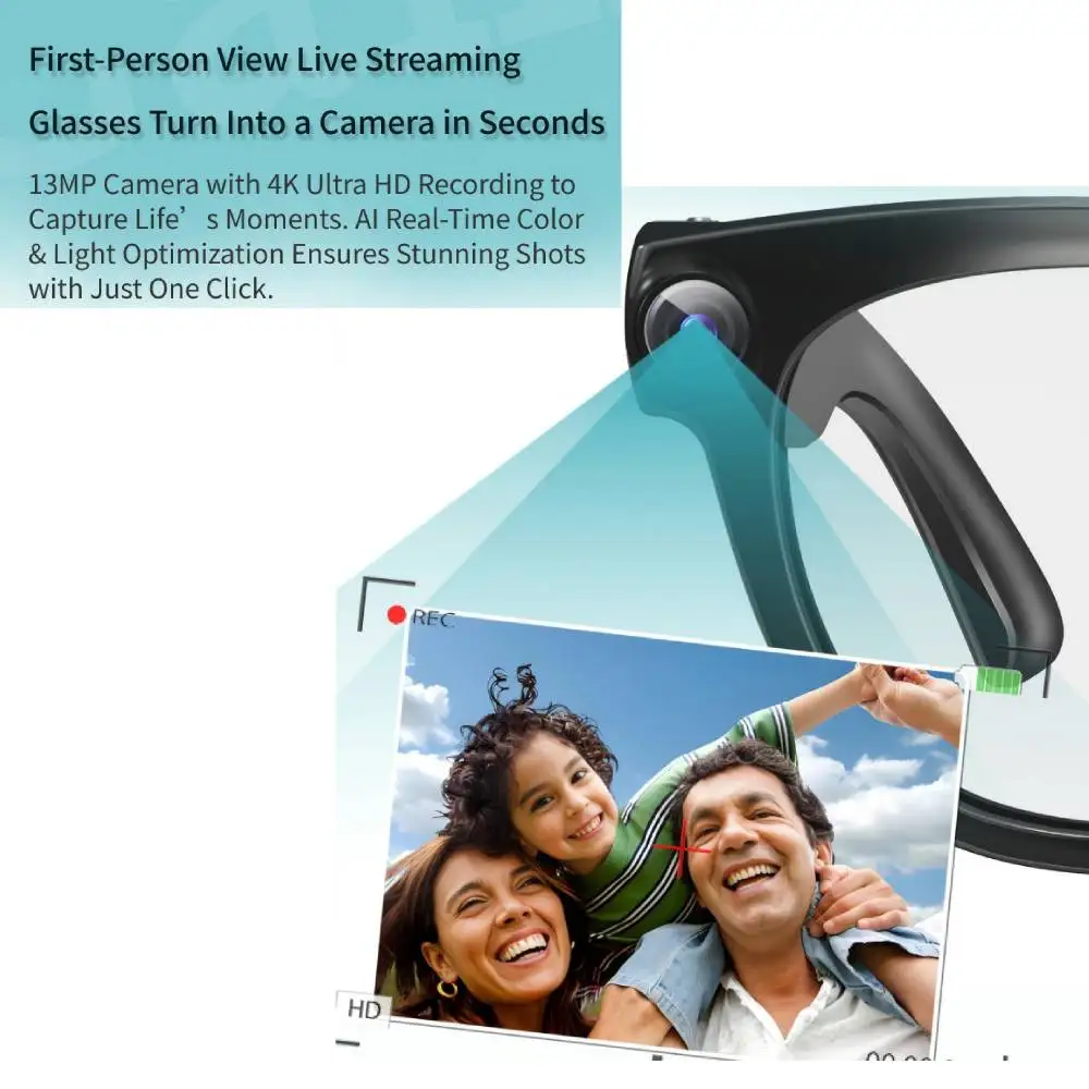 Occhiali Smart AI con Fotocamera 4K HD 800MP, Registrazione Video, Traduzione, Lenti Fotocromatiche, Chiamate Bluetooth, Musica, Occhiali Multifunzione - immagine 6