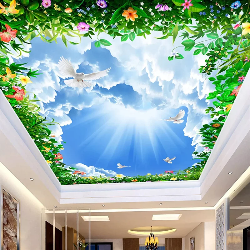 Custom 3d Photo Wallpaper Céu Azul Nuvens Brancas Videira Teto Mural Sala de Estar Fundo do Quarto Decoração da Parede Pintura da Parede