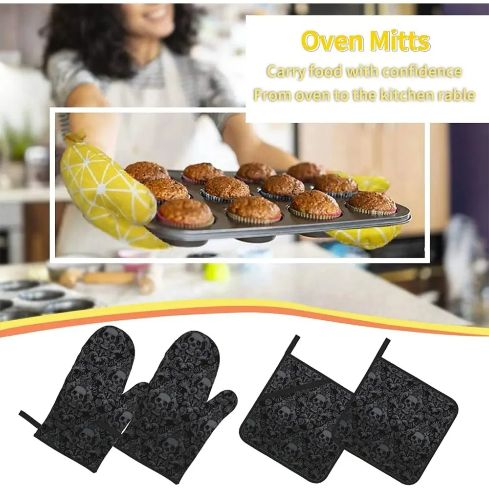 Oven Mitts and Pot Holders Sets Gothic Skull Flower 4 High Heat Resistant with Gloves and Hot Pads
