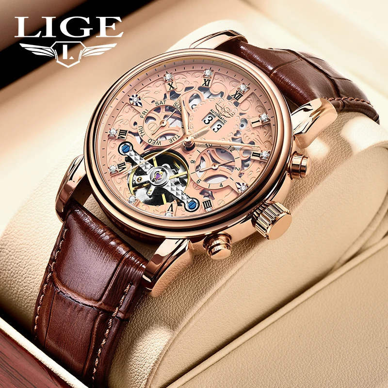 

LIGE Top Brand Luxury Mechanical Man Watch Business Fashion Leather Strap Tourbillon Automatic Watch for Men Waterproof Calendar