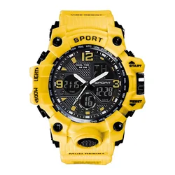 Men's Yellow Resin Strap Military Sport Watch - Dual Time, Waterproof, Alarm, Chrono, Outdoor Electronic Timepiece (YELLOW)